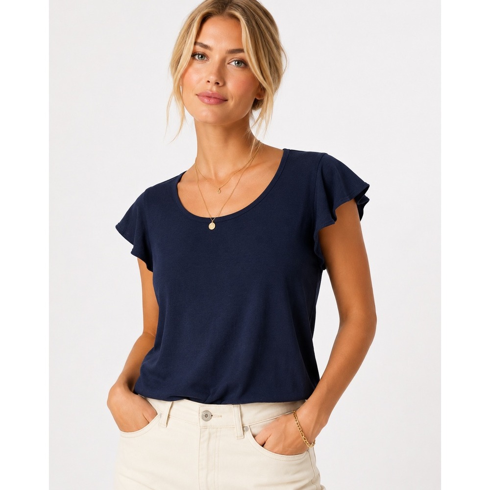 Market & Spruce Womens Navy Blue Flutter Sleeve Knit Top Scoop Neck Size M NWT‎